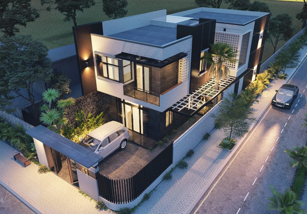 Biệt thự 2 tầng, 2 mặt tiền: Phối cảnh mặt tiền